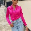 Clothing Rebellious Fashion | Hot Pink Gathered Front Satin Shirt Bodysuit - Lucia