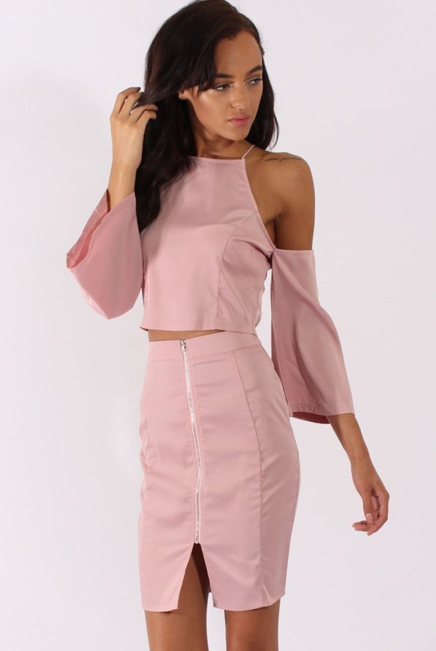 Clothing Rebellious Fashion | Pink Cold Shoulder Top & Skirt Co-Ord - Genesis