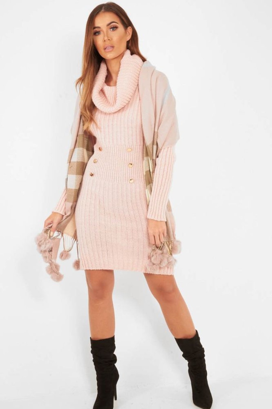 Clothing Rebellious Fashion | Pink Button Front Roll Neck Jumper Dress - Ericka