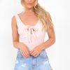 Clothing Rebellious Fashion | Pink Rib Plunge Tie Front Bodysuit - Ryver