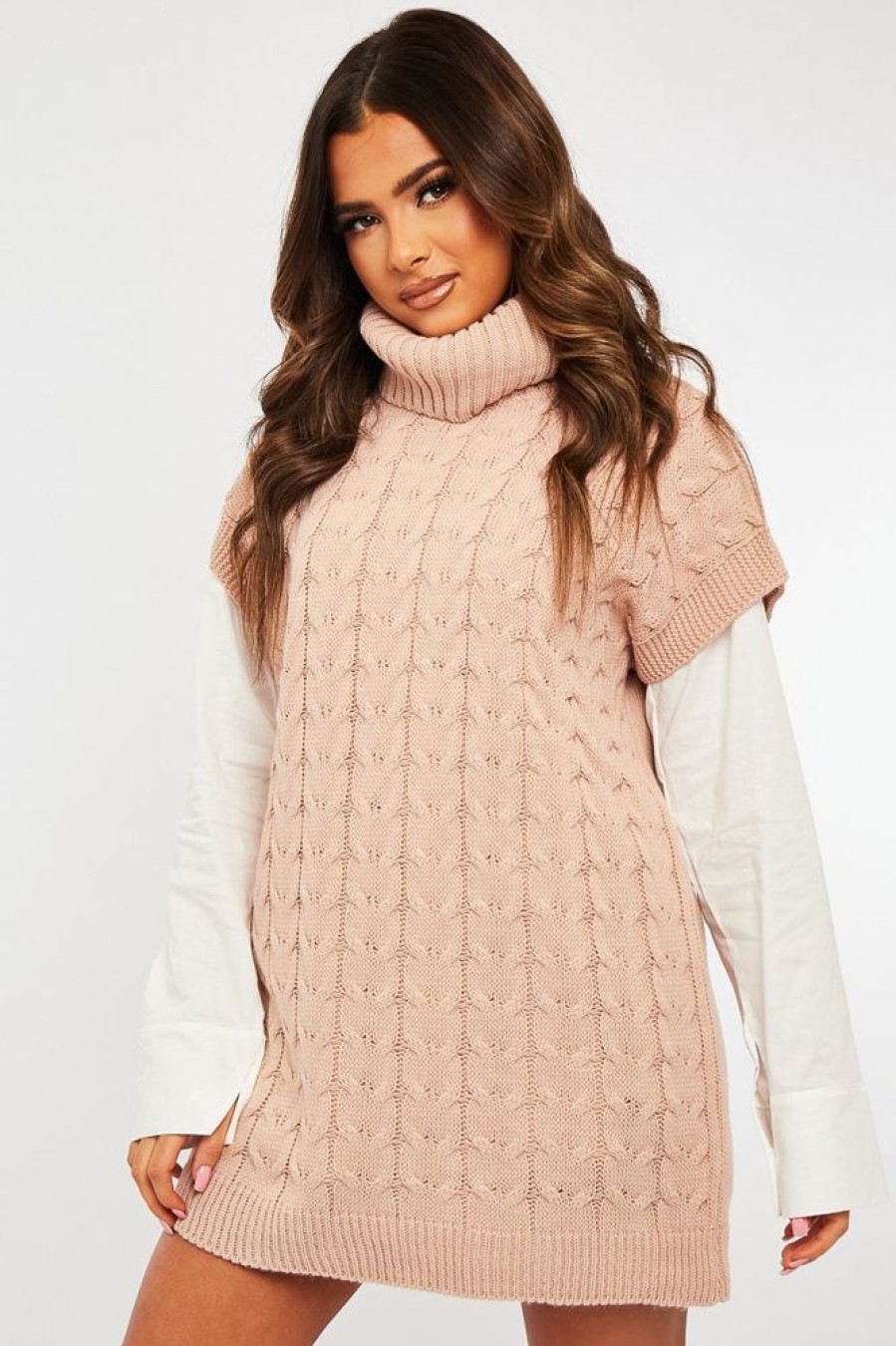 Clothing Rebellious Fashion | Pink Roll Neck Cable Knit Vest - Emira