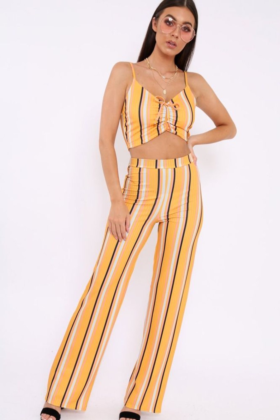 Clothing Rebellious Fashion | Yellow Stripe Crop Top And Trousers Co-Ord - Annabella