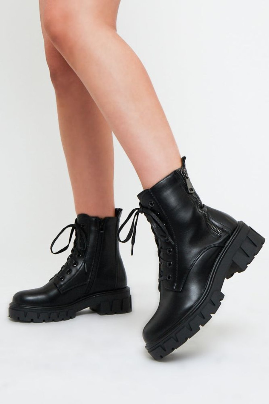 Shoes Rebellious Fashion | Black Side Zip Faux Leather Ankle High Boots - Hanan