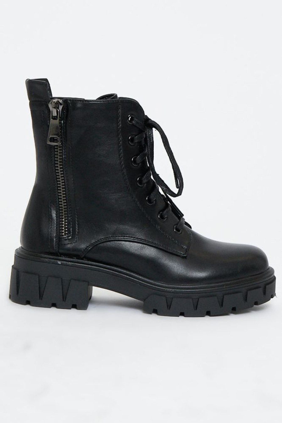 Shoes Rebellious Fashion | Black Side Zip Faux Leather Ankle High Boots - Hanan