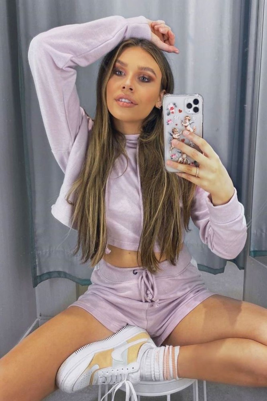 Clothing Rebellious Fashion | Lilac White Stripe Cropped Hoodie And Shorts Loungewear Co-Ord - Dariella