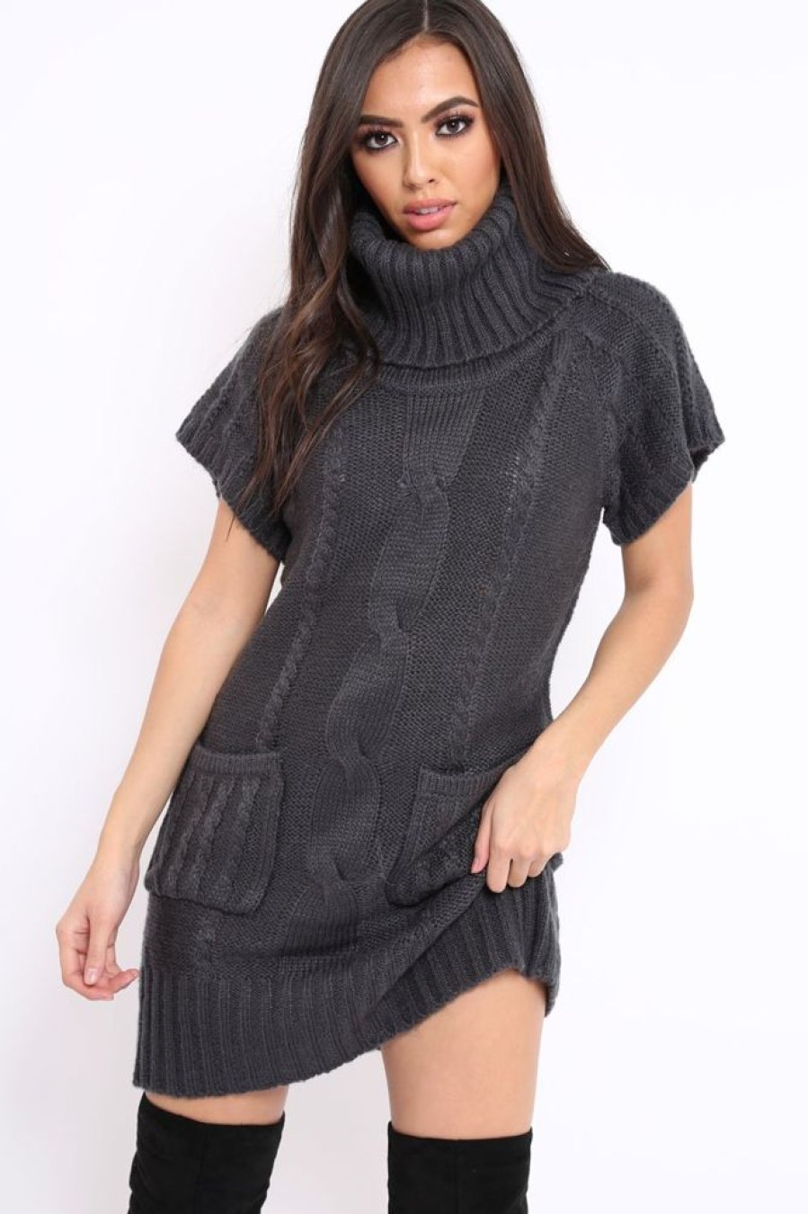 Clothing Rebellious Fashion | Charcoal Roll Neck Jumper Dress - Catrina