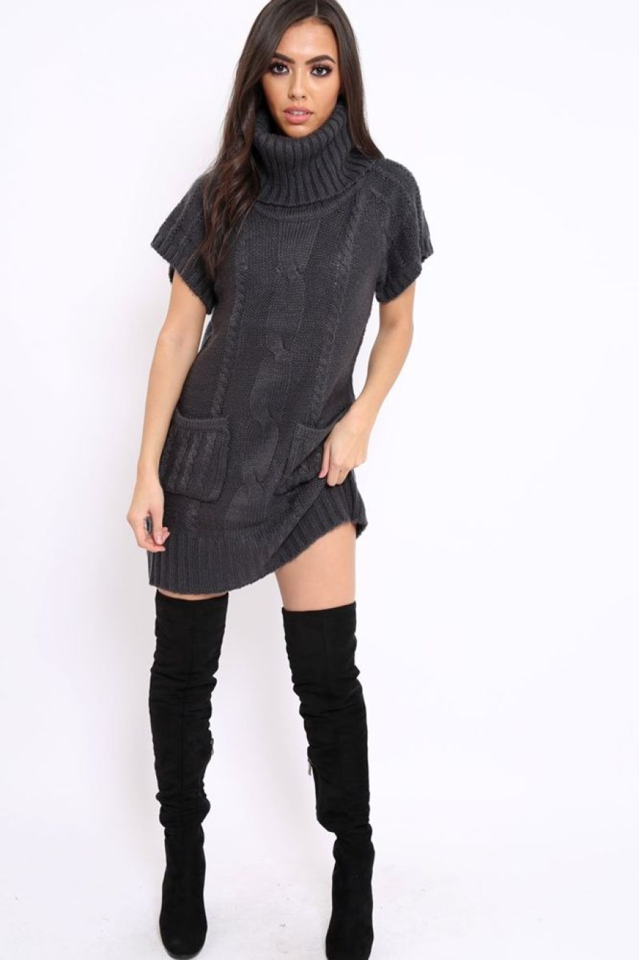 Clothing Rebellious Fashion | Charcoal Roll Neck Jumper Dress - Catrina