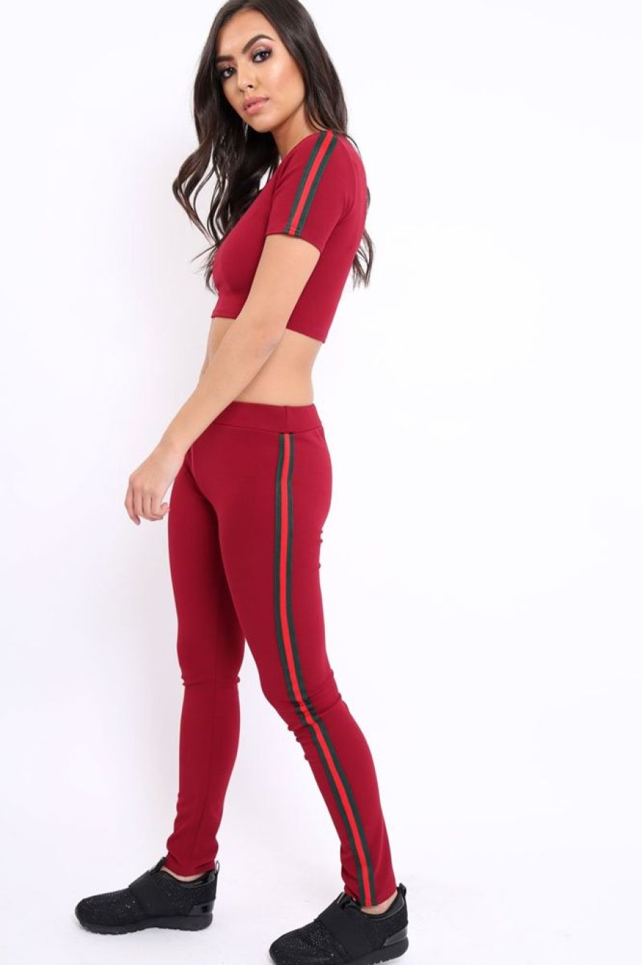 Clothing Rebellious Fashion | Wine Loungewear Set With Side Stripe Sports Trim Detail - Lear