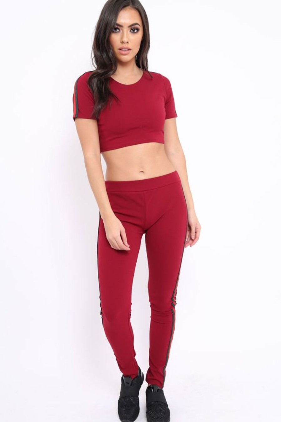 Clothing Rebellious Fashion | Wine Loungewear Set With Side Stripe Sports Trim Detail - Lear