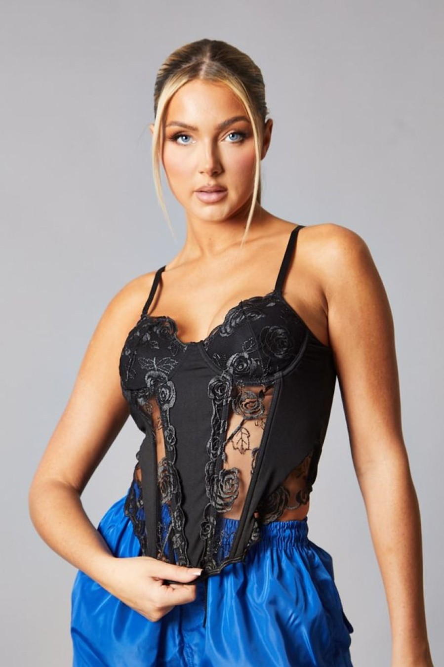 Clothing Rebellious Fashion | Black Mesh Lace Floral Embroidered Corset Detail Top - Takara