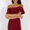 Clothing Rebellious Fashion | Wine Bardot Frill Midi Dress - Lily