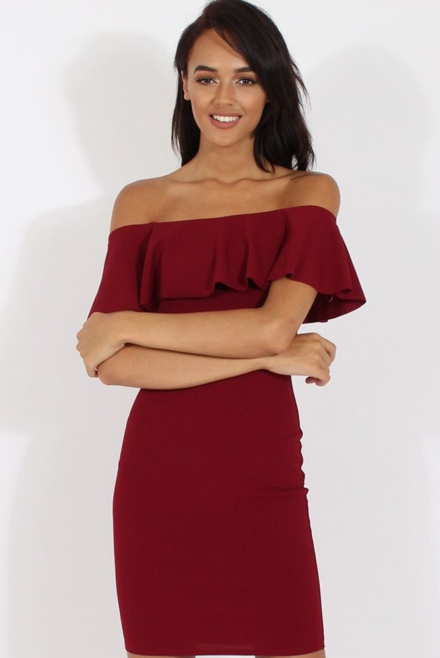 Clothing Rebellious Fashion | Wine Bardot Frill Midi Dress - Lily