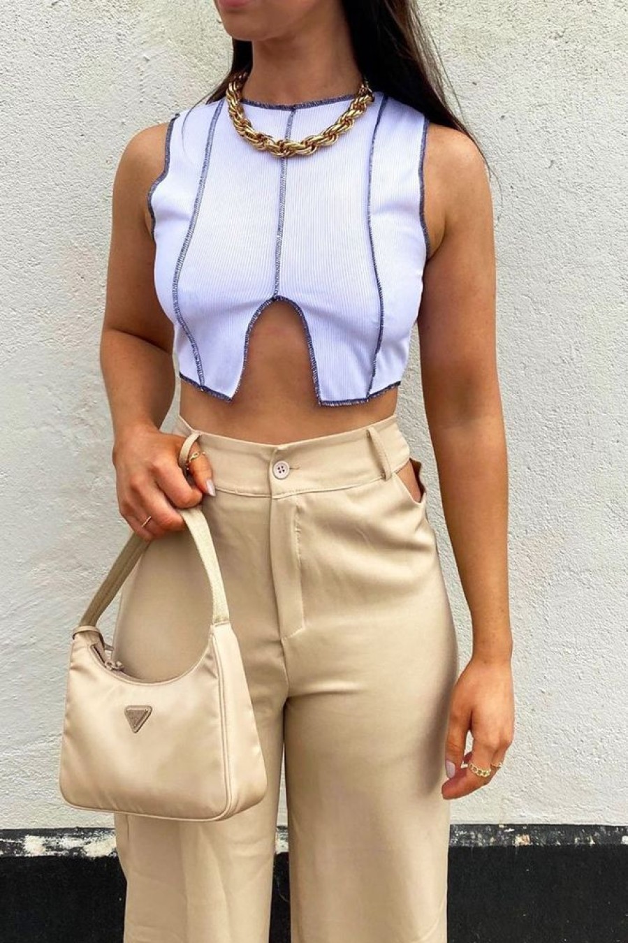 Clothing Rebellious Fashion | White Ribbed Notch Contrast Stitch Crop Top - Rinnah