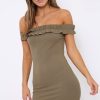 Clothing Rebellious Fashion | Khaki Ruffle Bardot Bodycon Dress - Mollie