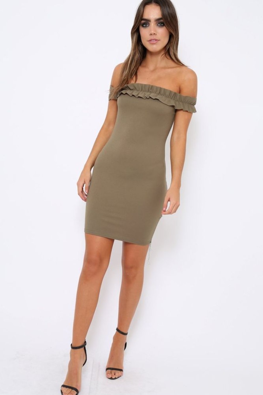 Clothing Rebellious Fashion | Khaki Ruffle Bardot Bodycon Dress - Mollie