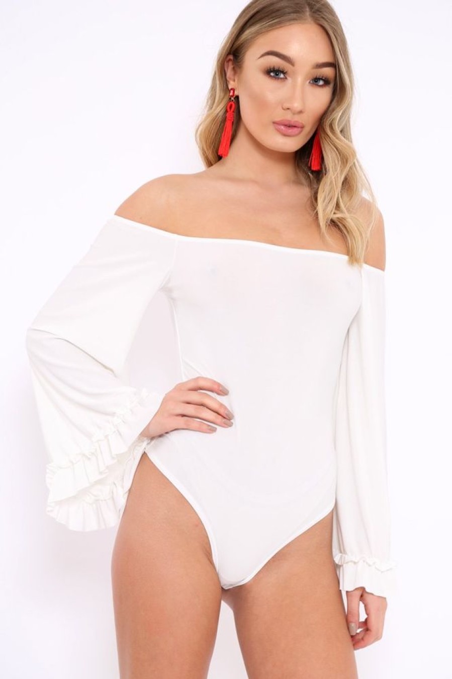 Clothing Rebellious Fashion | White Bardot Frill Flare Sleeve Bodysuit - Sofiya