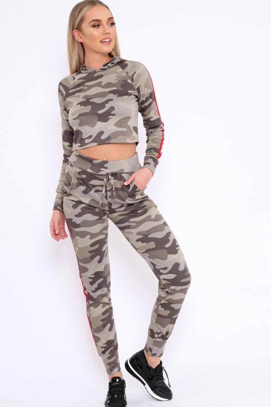 Clothing Rebellious Fashion | Khaki Camotracksuit With Red And White Side Stripes - Kady