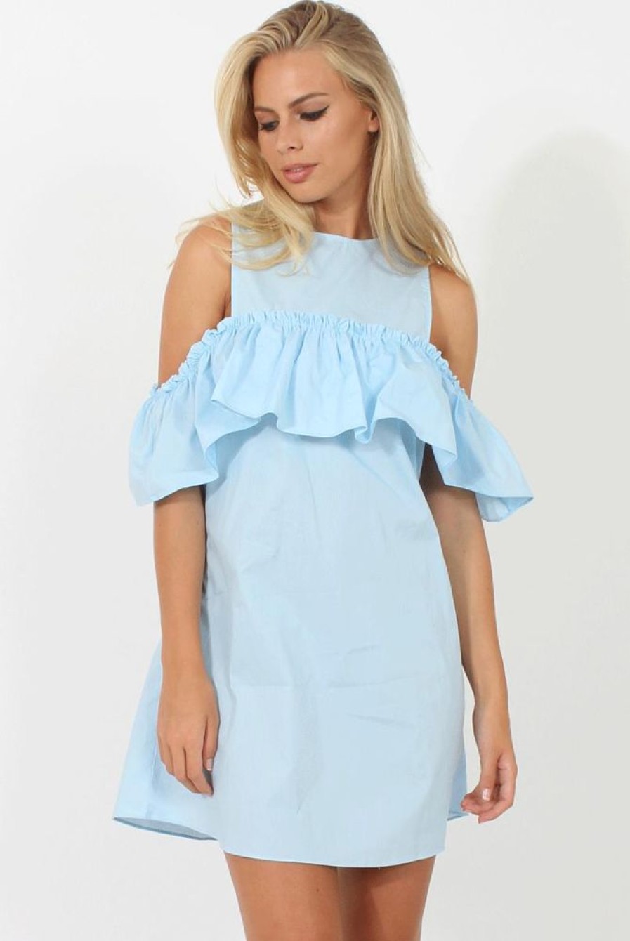 Clothing Rebellious Fashion | Blue Cold Shoulder Frill Layer Dress - Helena