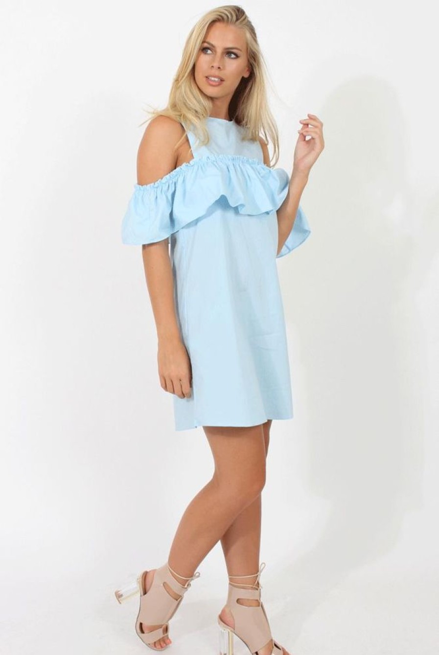 Clothing Rebellious Fashion | Blue Cold Shoulder Frill Layer Dress - Helena