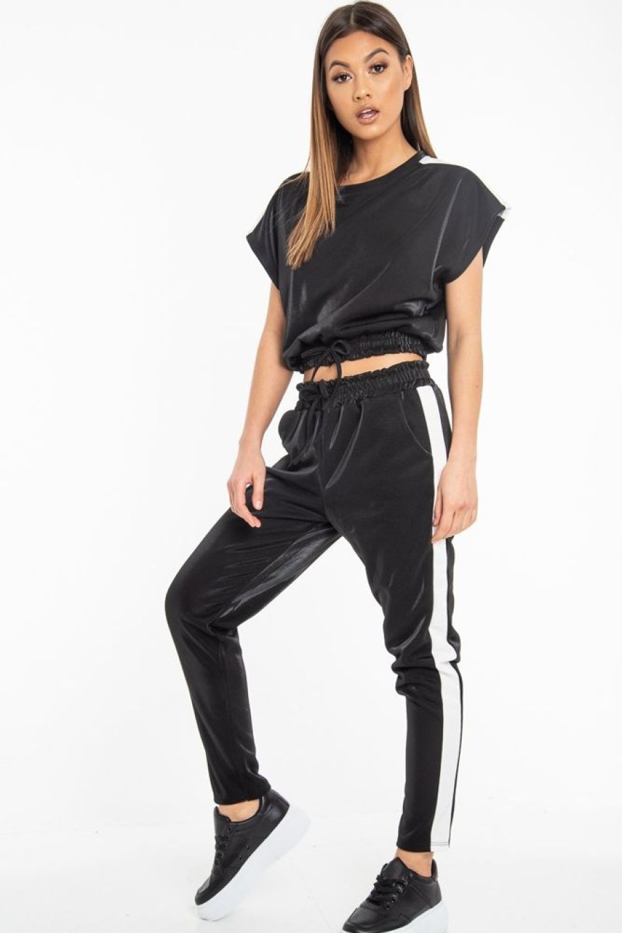 Clothing Rebellious Fashion | Black Shiny Contrast Stripe Crop Top Joggers Co-Ord - Maisey