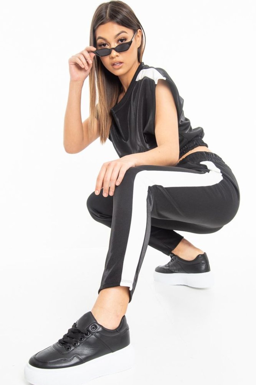 Clothing Rebellious Fashion | Black Shiny Contrast Stripe Crop Top Joggers Co-Ord - Maisey