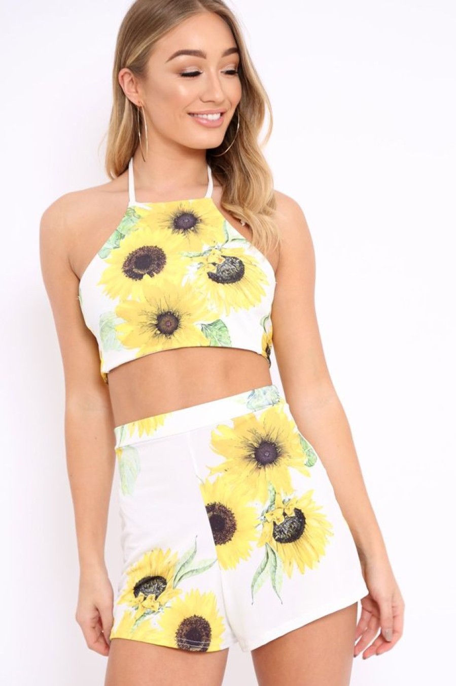 Clothing Rebellious Fashion | White Sunflower Print Halterneck Top And Shorts Co-Ord - Abbygail