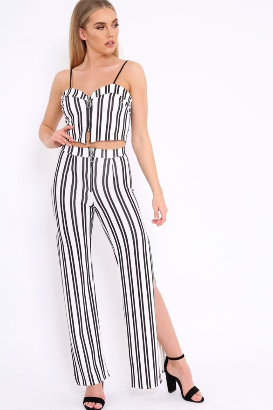 Clothing Rebellious Fashion | White With Black Stripe Cami Crop Top And Trouser Set - Surie