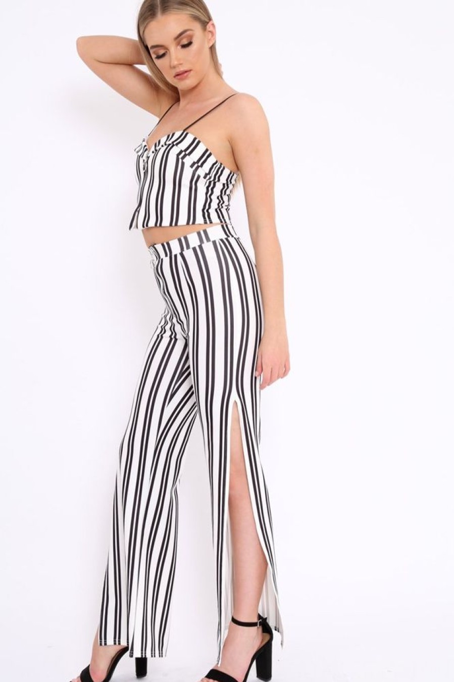 Clothing Rebellious Fashion | White With Black Stripe Cami Crop Top And Trouser Set - Surie