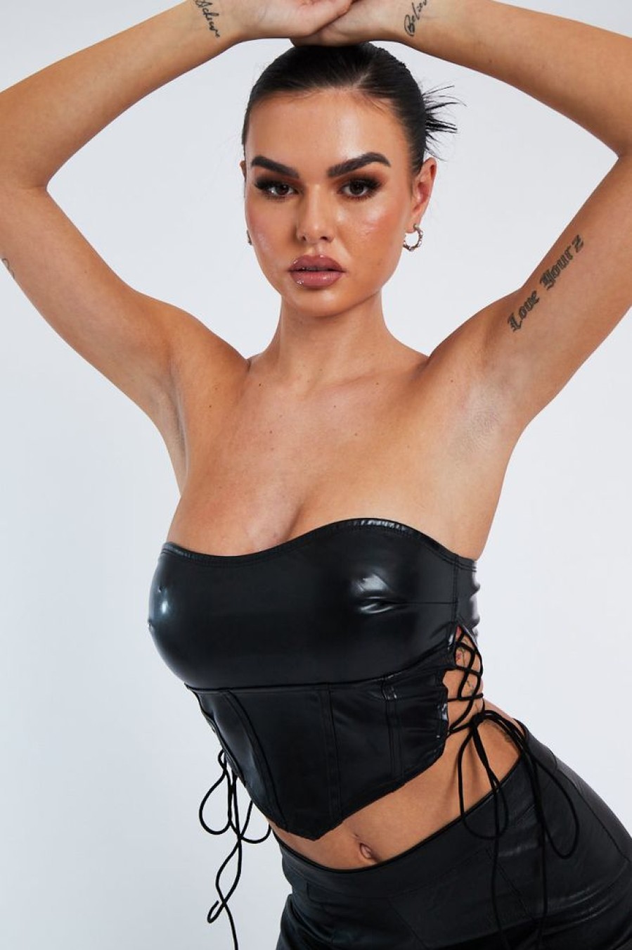 Clothing Rebellious Fashion | Black Pu Leather Lace Up Corset Crop Top - Vian