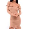 Clothing Rebellious Fashion | Camel Ruffle Hem Ribbed Bardot Mini Dress - Destiny