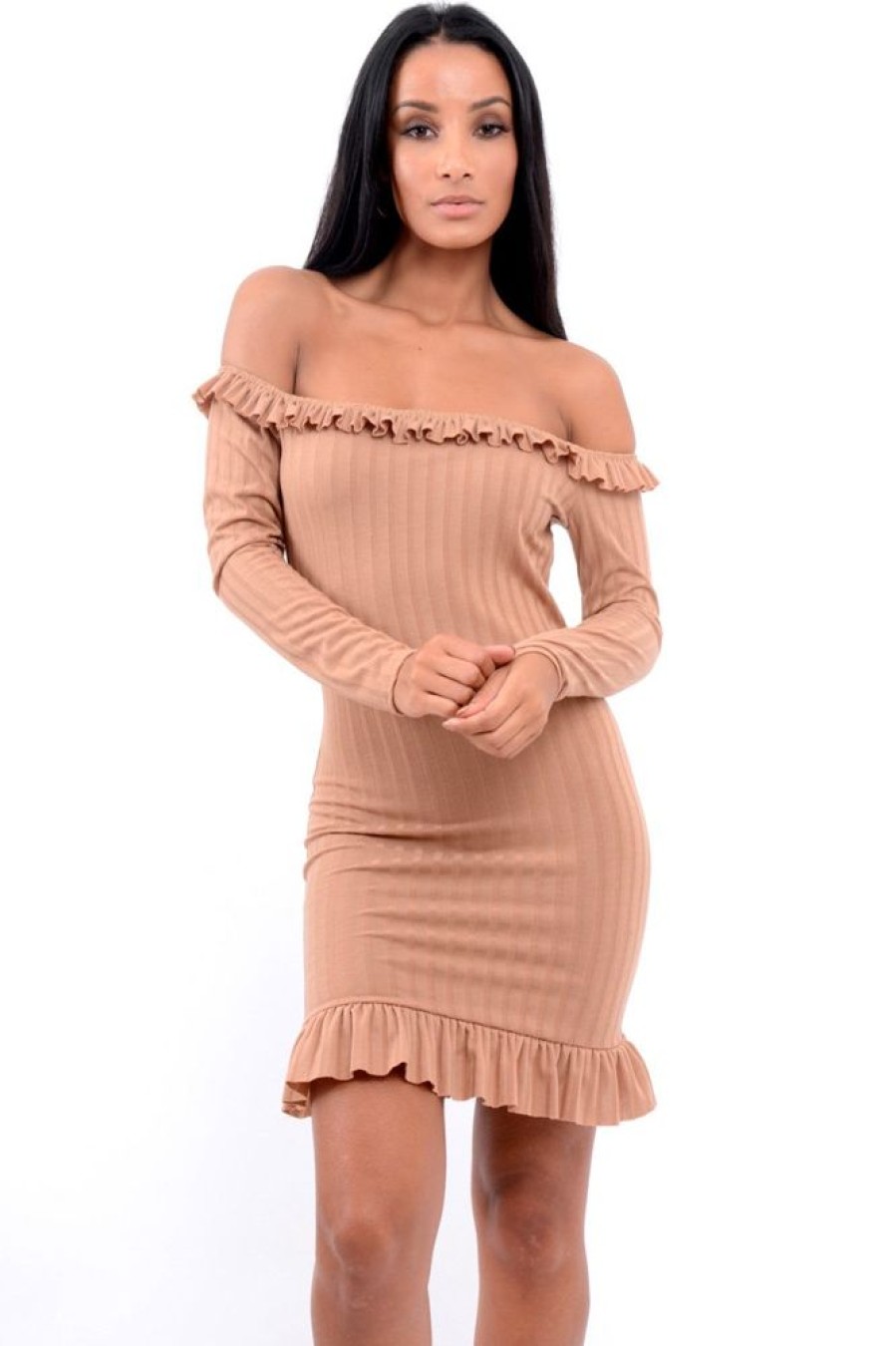 Clothing Rebellious Fashion | Camel Ruffle Hem Ribbed Bardot Mini Dress - Destiny