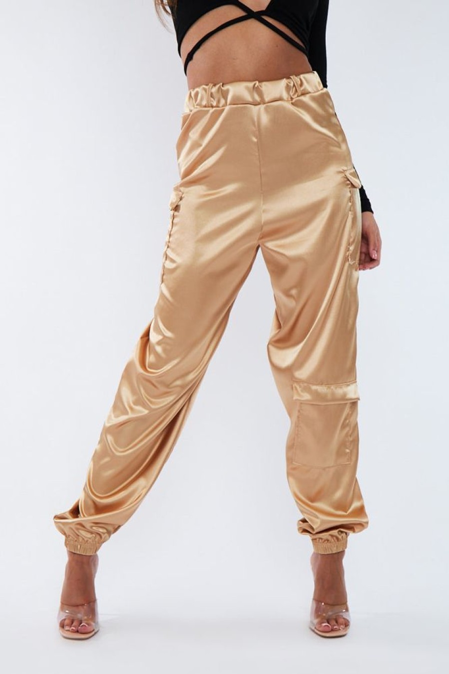 Clothing Rebellious Fashion | Gold Satin Cargo Trousers - Maeve