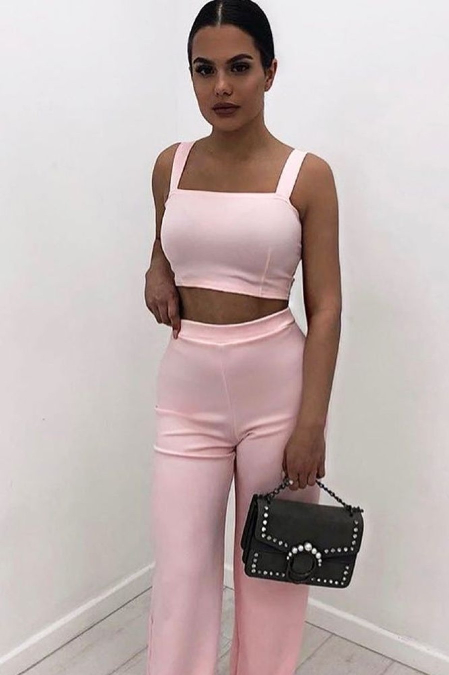 Clothing Rebellious Fashion | Baby Pink Crop Top And Trousers Co-Ord Set - Kimmy