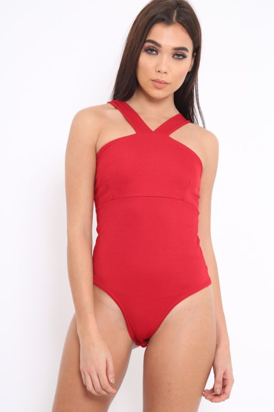 Clothing Rebellious Fashion | Red V Neck Strap Bandeau Bodysuit - Karlah