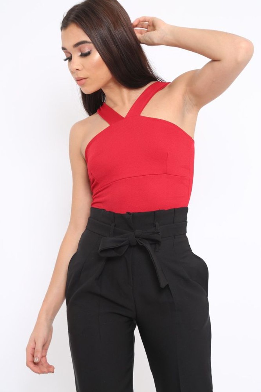 Clothing Rebellious Fashion | Red V Neck Strap Bandeau Bodysuit - Karlah