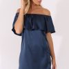 Clothing Rebellious Fashion | Navy Satin Bardot Frill Dress - Alura