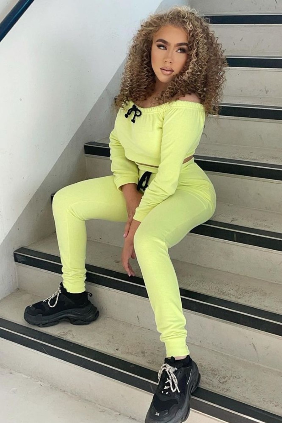 Clothing Rebellious Fashion | Lime Drawstring Crop Top And & Joggers Set - Giavana