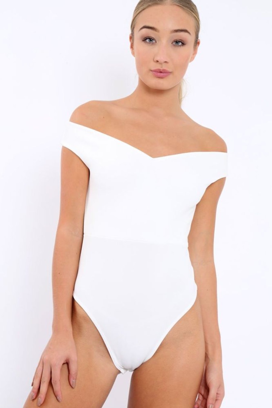 Clothing Rebellious Fashion | White Bardot Bodysuit With V Dip Front - Hettie