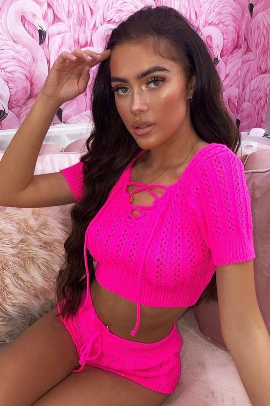 Clothing Rebellious Fashion | Neon Pink Crochet Knit Top Shorts Co-Ord - Aarini