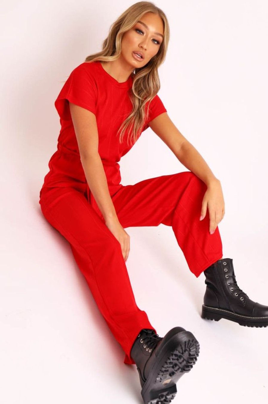 Clothing Rebellious Fashion | Red Ribbed Belted Top And Wide Leg Trouser Co-Ord - Tyla