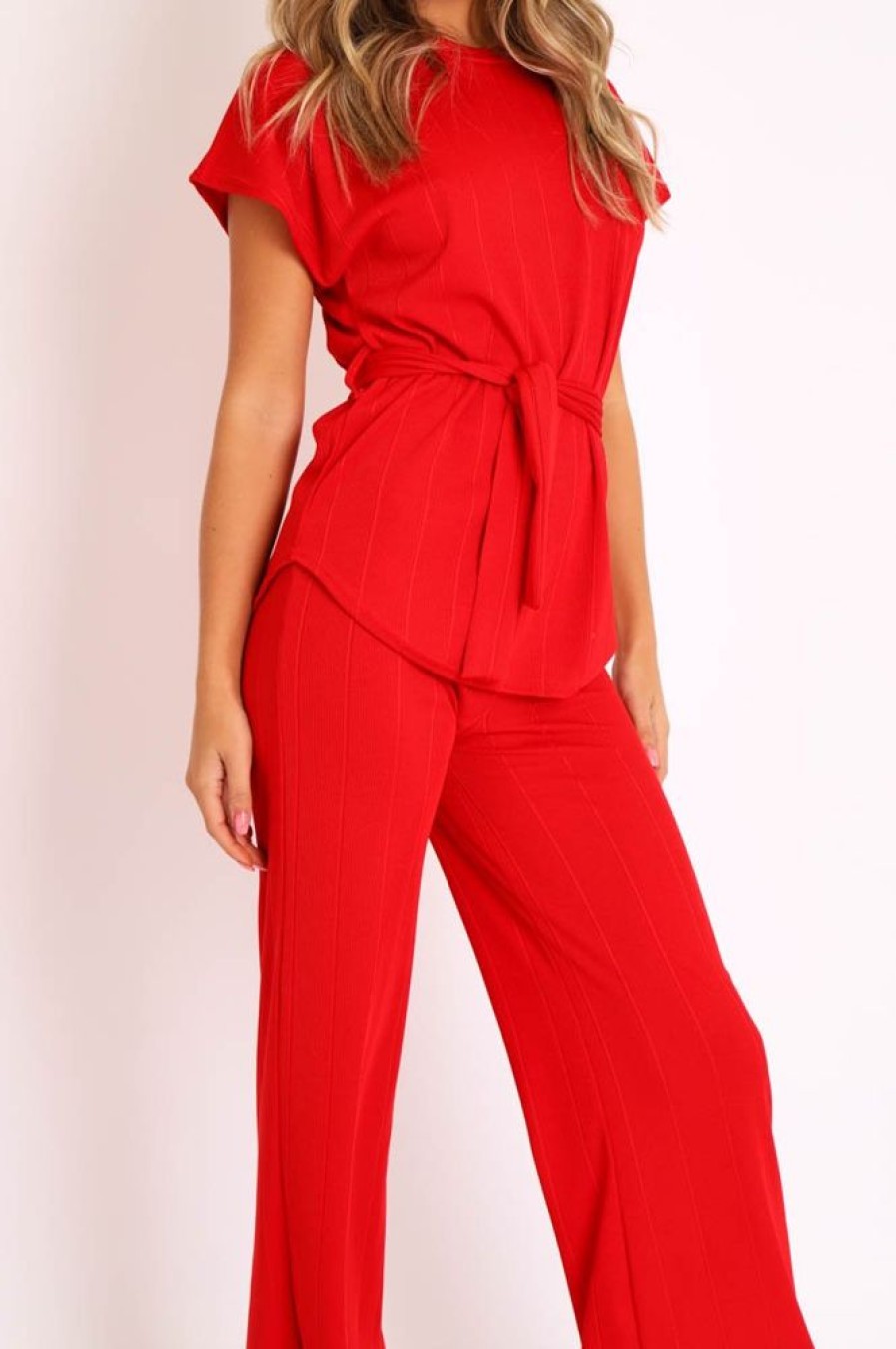 Clothing Rebellious Fashion | Red Ribbed Belted Top And Wide Leg Trouser Co-Ord - Tyla