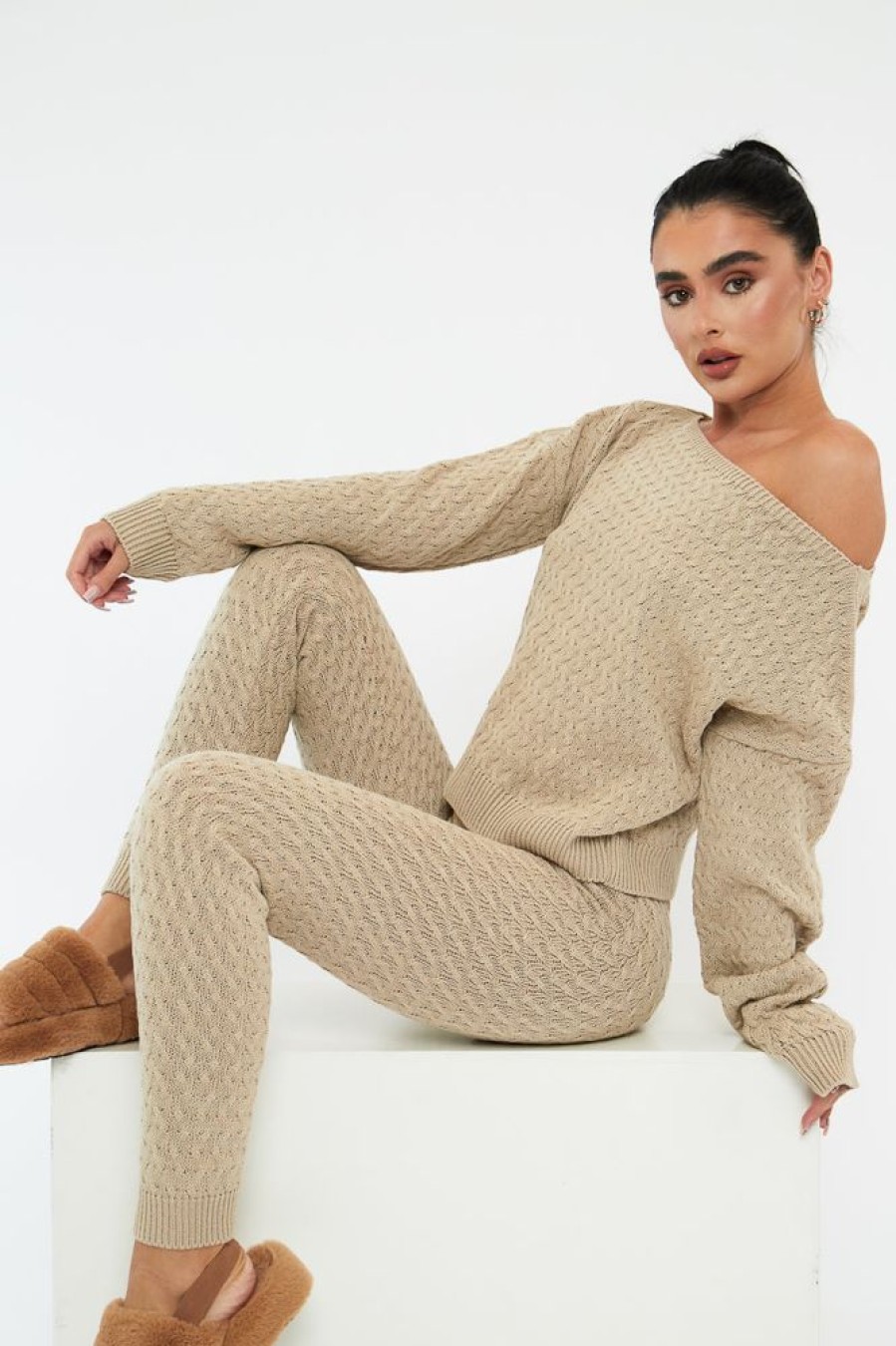 Clothing Rebellious Fashion | Beige Knit Cropped Jumper & Jogger Set - Kezzie