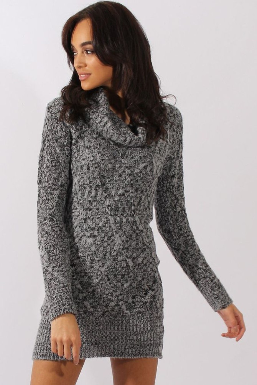 Clothing Rebellious Fashion | Grey Thick Knit Turtleneck Jumper Dress - Jameigh