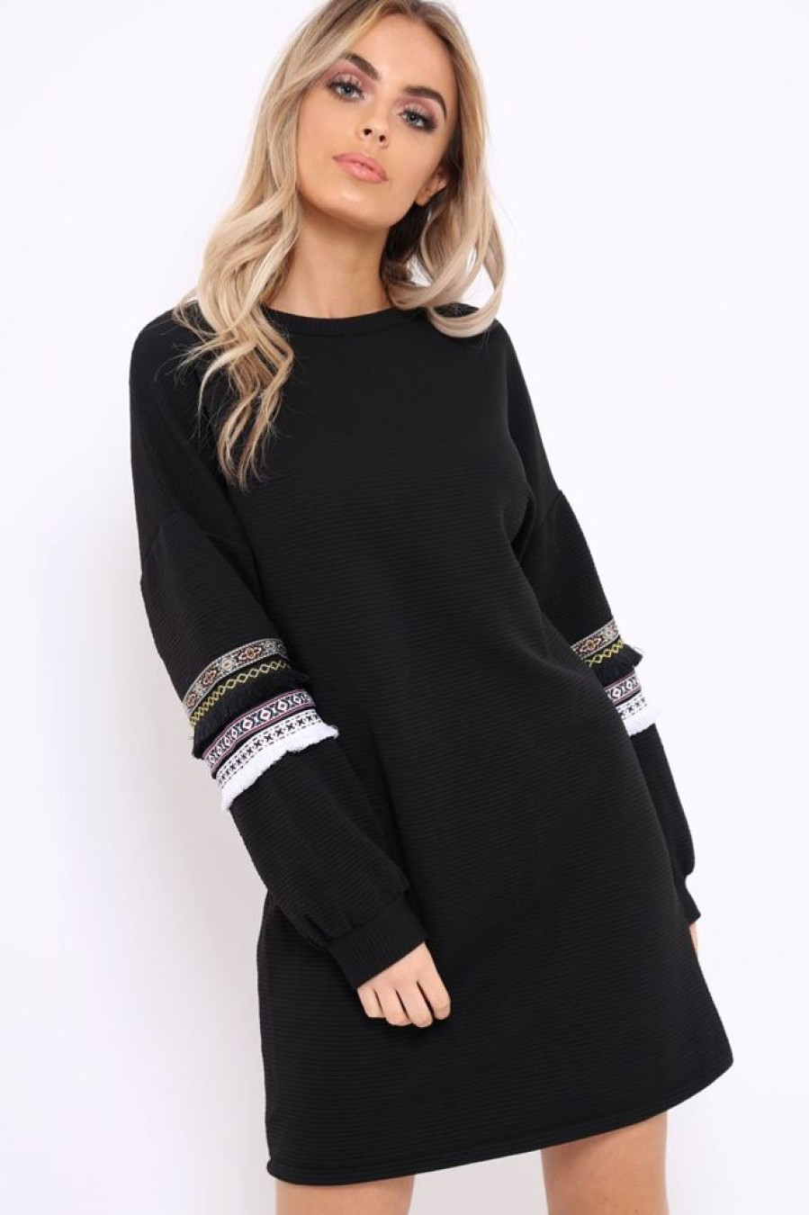 Clothing Rebellious Fashion | Black Jumper Dress With Sleeve Trim Detail - Hermina