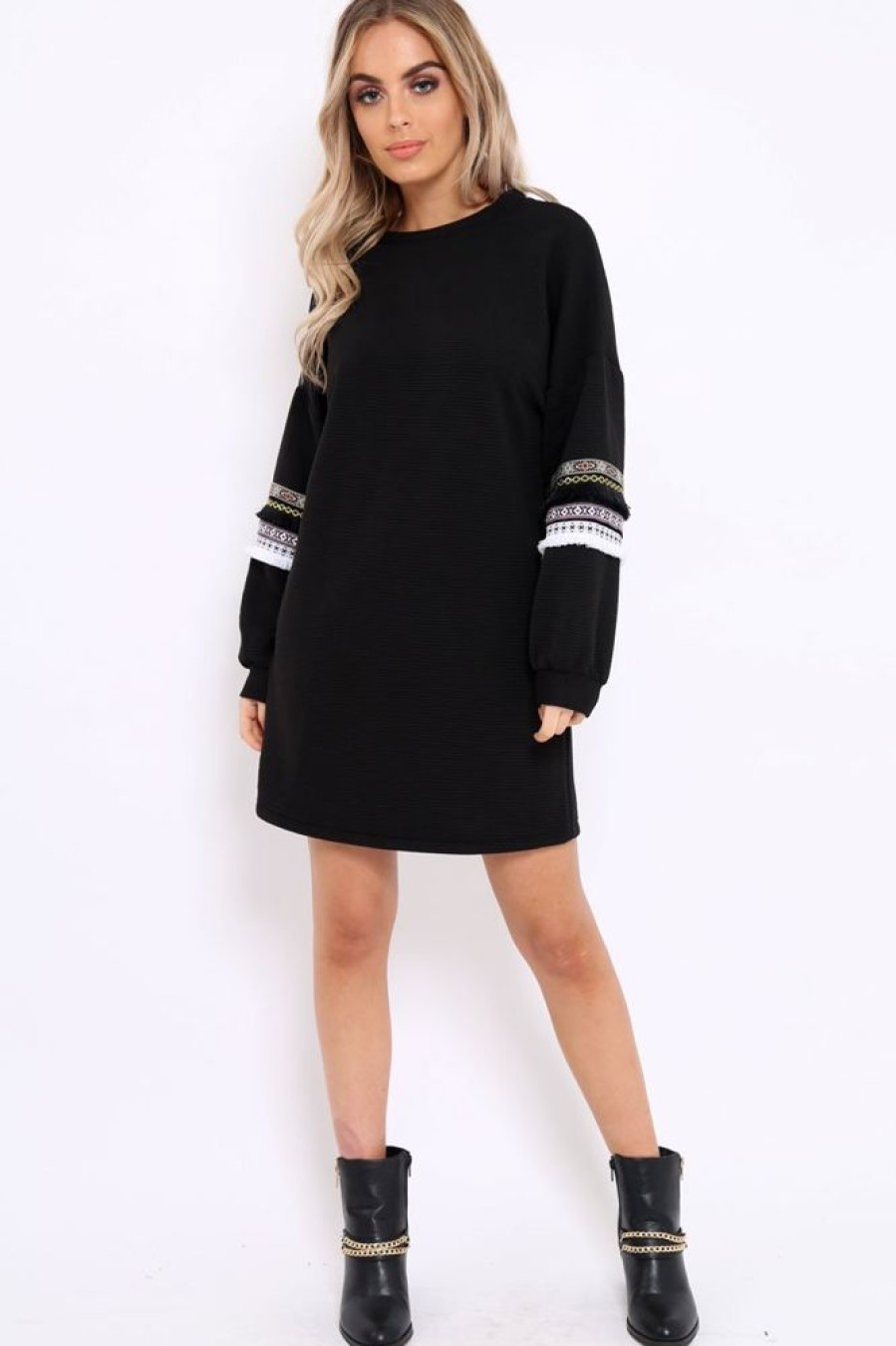 Clothing Rebellious Fashion | Black Jumper Dress With Sleeve Trim Detail - Hermina