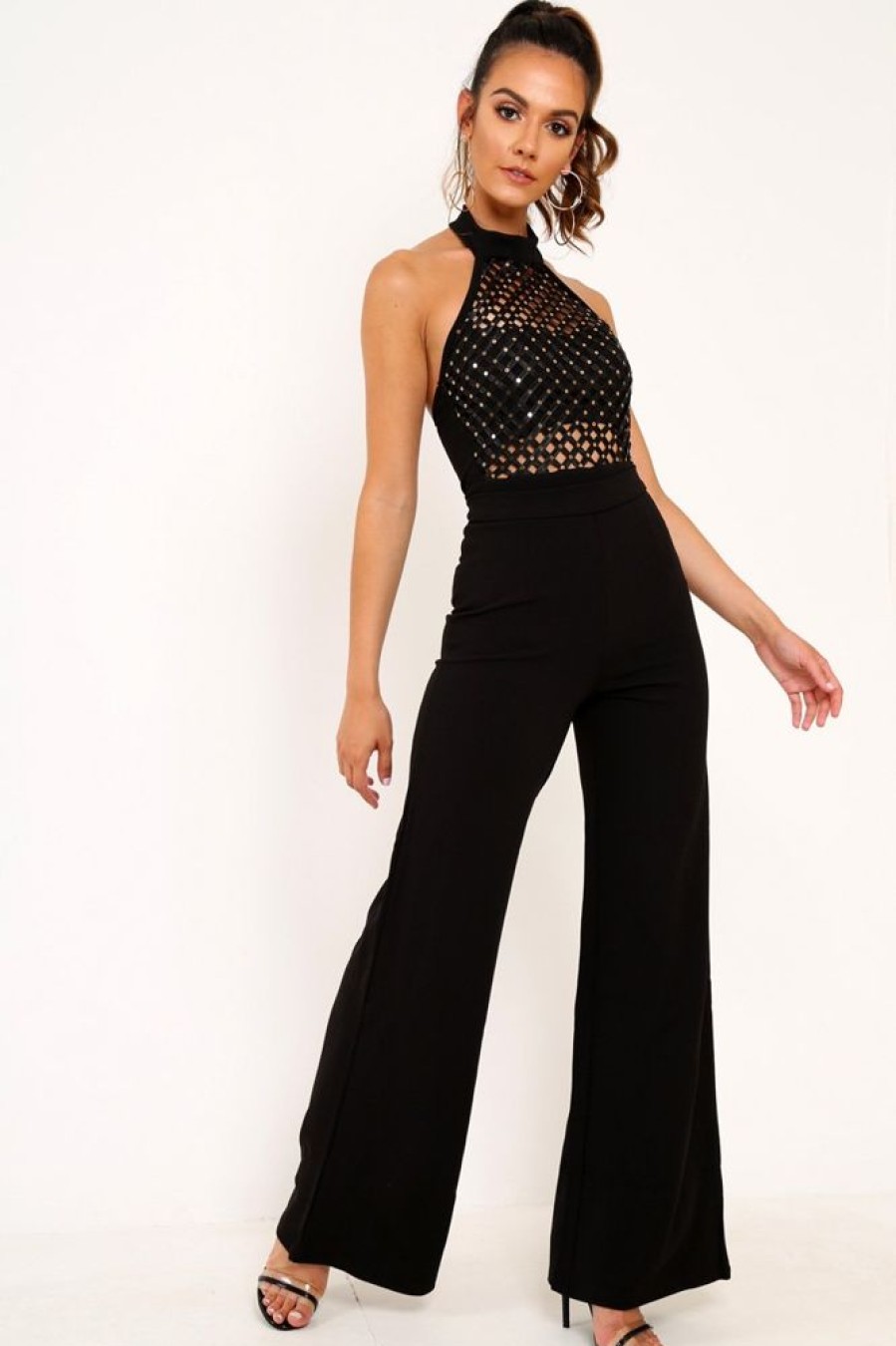 Clothing Rebellious Fashion | Black Sequin Caged Halterneck Bodysuit - Aanvi