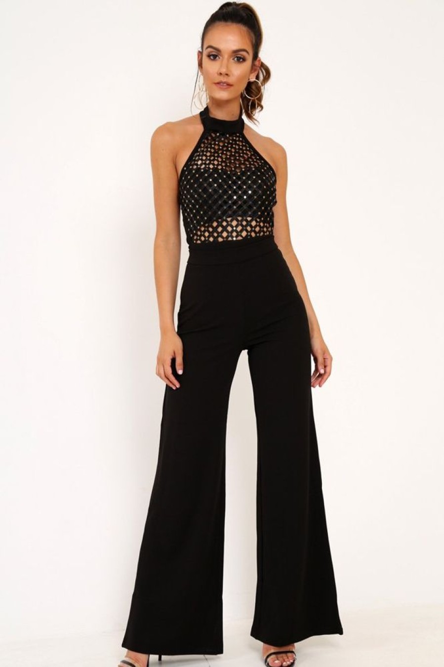 Clothing Rebellious Fashion | Black Sequin Caged Halterneck Bodysuit - Aanvi