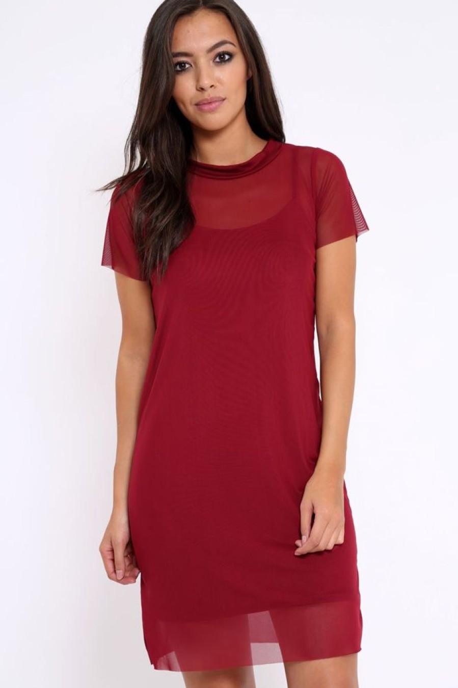 Clothing Rebellious Fashion | Wine Mesh Overlay T-Shirt Dress - Selena