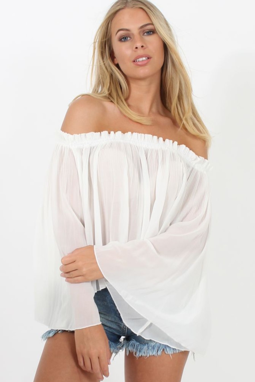 Clothing Rebellious Fashion | White Pleated Three Quarter Bell Sleeve Crop - Stacey