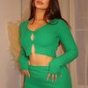 Clothing Rebellious Fashion | Green Knit Button Up Crop Top & Front Slit Mini Skirt Set - Corina